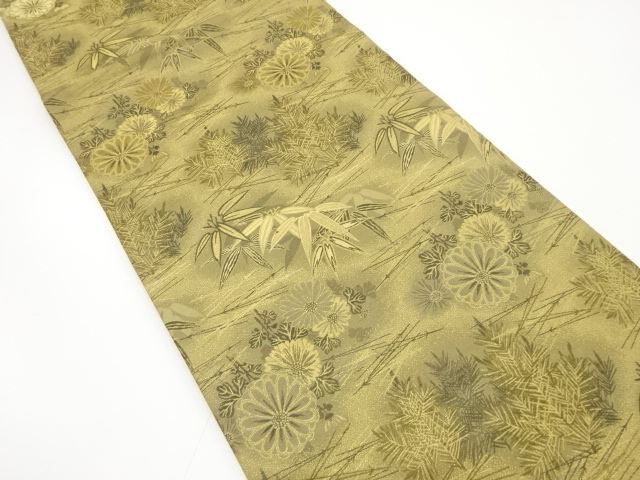 JAPANESE KIMONO / ANTIQUE MARU OBI / SILK / BAMBOO GRASS & KIKU